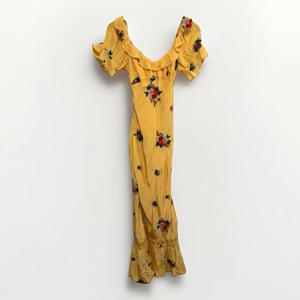 Free People Bali Santa Cruz Ruffle Maxi Dress S Yellow Floral Puff Sleeve Boho